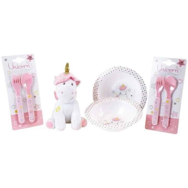 Set vesela copii, 2 farfurii 16cm, 2 seturi tacamuri 13cm, plus 17cm, multicolor
