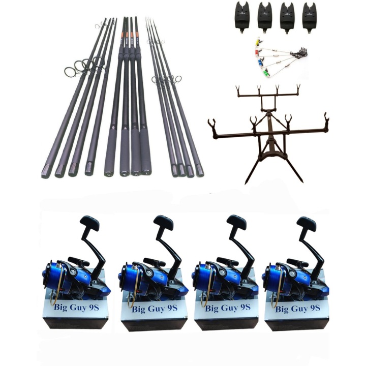 Set 4 Lansete Carbon 3, 60 metri, 4 Mulinete Tambur 9000 Echipate cu fir, Rod Pod, 4 Senzori, 4 Swingere