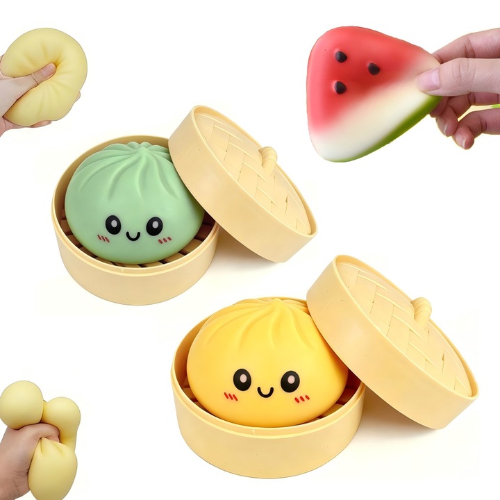 Комплект от 3 антистрес играчки Squishy Dumpling, антистрес играчки за деца, OLOEY®, 2 жълти и зелени кифлички + резен диня, с кошница за пара, бавно възстановяване, сензорни