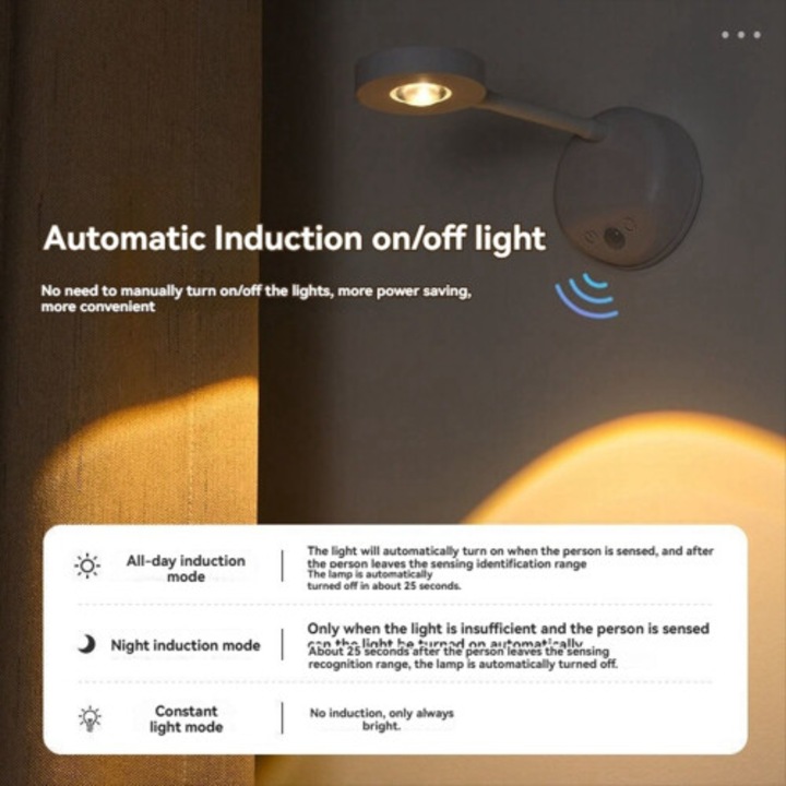 LED аплик със сензор за движение, 2200mAh, бял, 360° въртящ се, USB-C зареждане