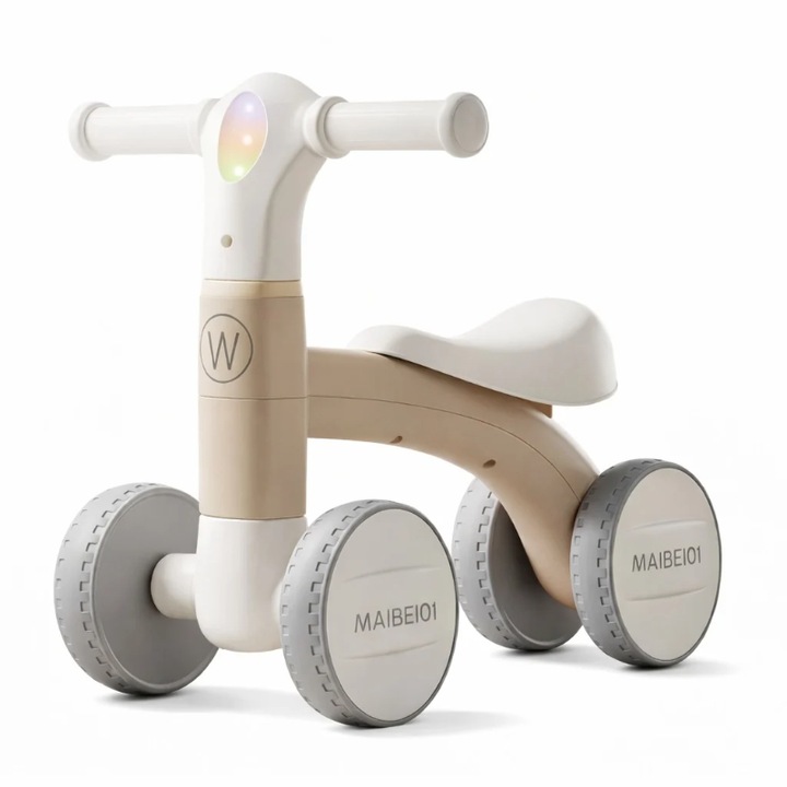 Tricicleta Fara Pedale Mixbo pentru Copii 1-3 Ani, 4 Roti EVA, Lumina LED, Cadru Otel Carbon, Ride-On Echilibru, Bej