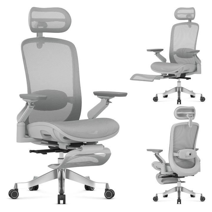Irodai szék, Mark Adler Leadpro 8.7, masszázs, lábtartó, hálós, ergonomikus kialakítás, 4D állítható fejtámla, 6D kartámasz, 3 fokozatú ágyéki masszázs, állítható ülésmagasság és mélység, 130 kg teherbírás, BIFMA tanúsítvány, csendes PU kerekek, szürke