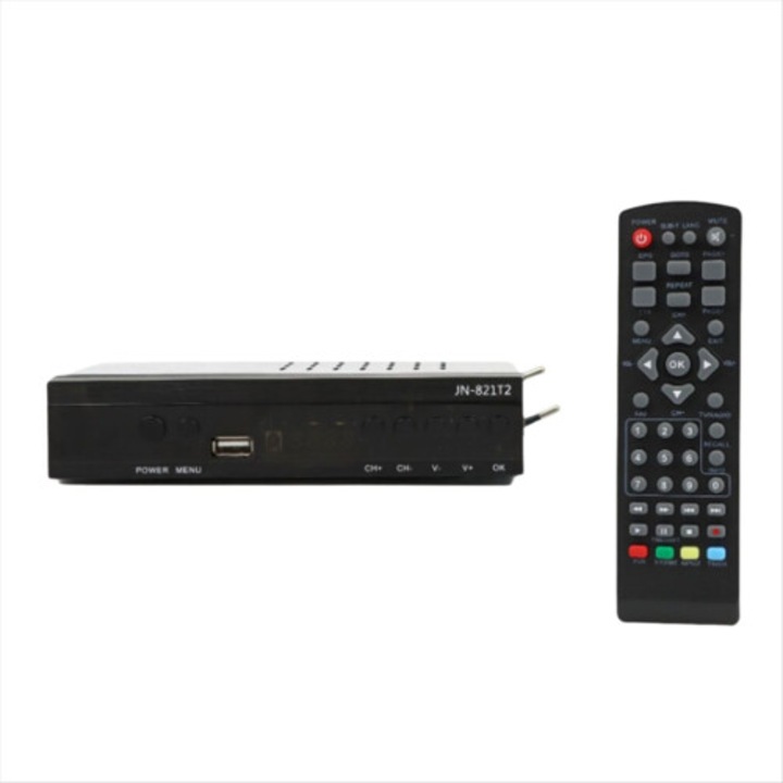 DVB-T2 digitális földfelszíni TV vevő, távirányító, adapter, fehér, 10x5x2cm
