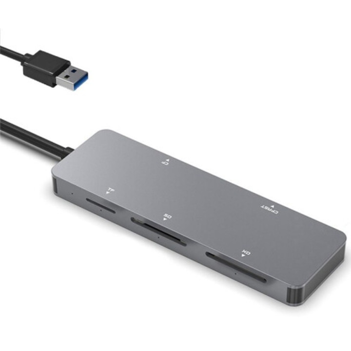 Cititor carduri multifunctional 5 in 1 USB 3.0 gri 11.6x3.5x1cm aluminiu