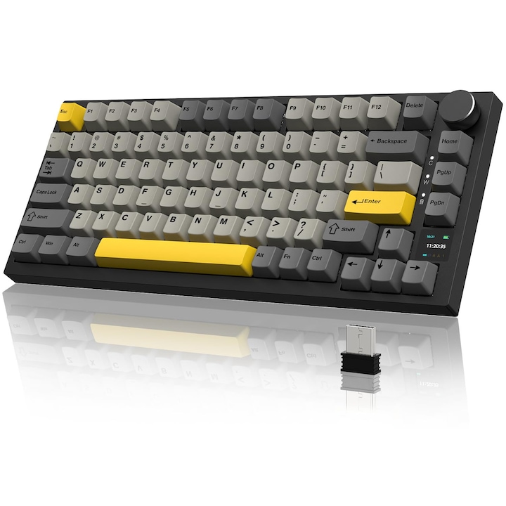 ajazz® AK820 Pro vezeték nélküli mechanikus billentyűzet, TFT kijelző és hot-swap gombok, RGB világítás, BT 5.1/2.4Ghz /Type-C, vezetékes, tömítésre szerelt, személyre szabott billentyűzet PC/Windows számára (fekete/Fish kapcsoló)
