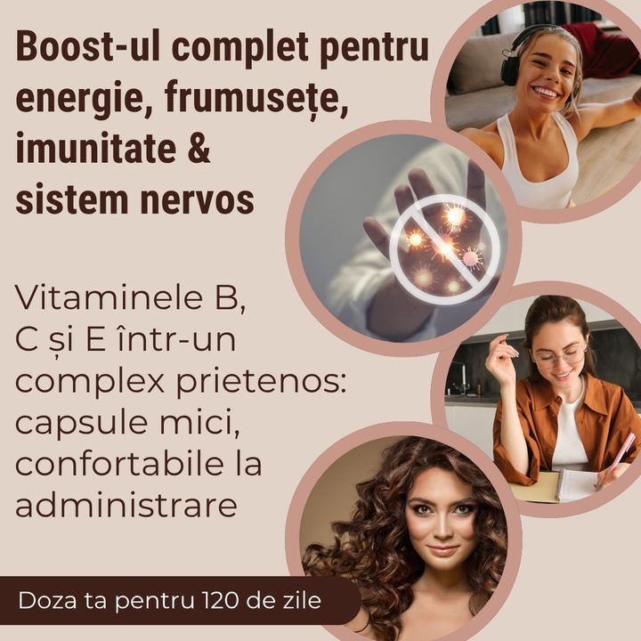 Complex Vitamina B, Vitassential, cu Biotina, Acid Folic, Niacina, Vitamina B1, B2, B3, B6, B9, B12, C si E, 120 capsule moi pentru piele, par, unghii si vitalitate