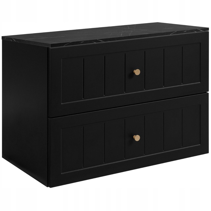 Dulap De Baie, Rodan, Gusto, 60x46x57 cm, Negru, Material MDF, Suspendat, Masca Lavoar, Blat Aspect Marmura 60 cm, 2 Sertare Inchidere Soft Close, Fronturi Frezate Elegante, 3 Seturi Manere Incluse, Margini ABS, Design Modern Premium