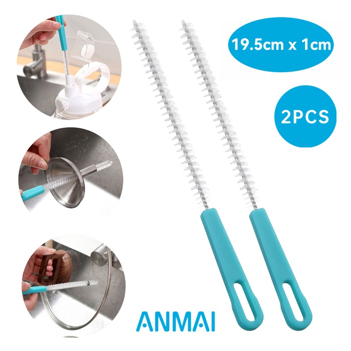 Set 2 Perii de Curatare Anmai pentru Paie, Biberoane si Accesorii Bucatarie, Inox Flexibil, Curatare Eficienta Spatii Inguiste, 19.5 cm, Albastru/Alb