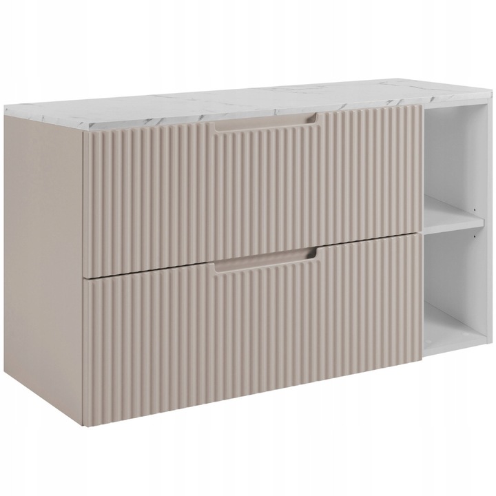 Шкаф за баня, Rodan, Vena, 100x46x57 см, Кашмир / Бял, Материал MDF, Окачен, Долен шкаф за мивка, Плот с ефект на бял мрамор 100 см, 2 чекмеджета със Soft Close механизъм, Набраздени фронтове, Фрезовани дръжки, ABS кантове, Отворен рафт, Дизайн