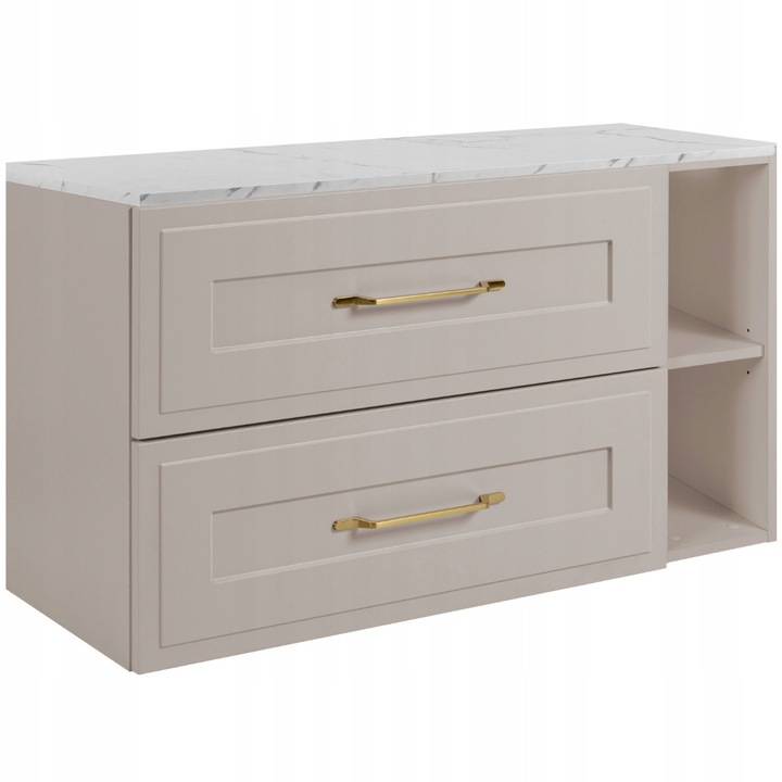 Шкаф за баня, Rodan, Classic, 80x46x57 см, Кашмир, Материал MDF, Окачен, Долен шкаф за мивка, Плот с ефект на бял мрамор 80 см, 2 чекмеджета с плавно затваряне (Soft Close), Фронтове с рамка, ABS кантове, Отворен рафт, Елегантен дизайн