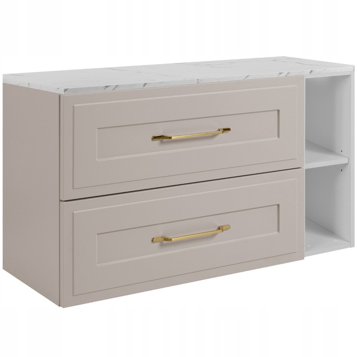 Шкаф за баня, Rodan, Classic, 100x46x57 см, Кашмир / Бял, Материал MDF, Окачен, Маска за мивка, Плот с ефект на бял мрамор 100 см, 2 чекмеджета с плавно затваряне, Фронтове с рамка, ABS кантове, Отворен рафт, Дизайн