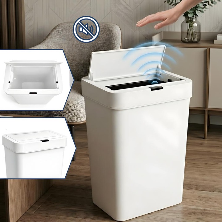Cos de Gunoi cu Senzor Salestore.ro®, 50L, Capac Automat Anti-Miros, Rezistent la Apa IPX5, Inchidere Silentioasa, Fara Atingere, 65.5x41x27 cm, Functionare pe Baterii, Design Slim Alb
