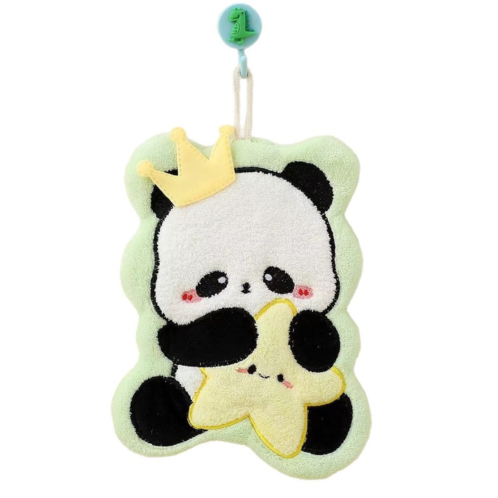 Gyermek kéztörlő, Coral Fleece, Panda mintával, Akasztóhurok, Gyorsan száradó, Zöld, Ideális otthonra vagy óvodába