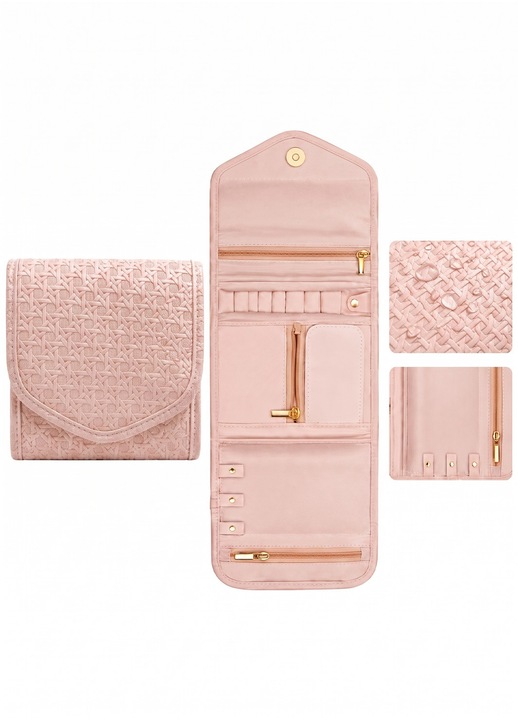 Geanta pliabila pentru bijuterii, roz, pe niveluri, 15x14,5 cm – organizator compact pentru calatorii