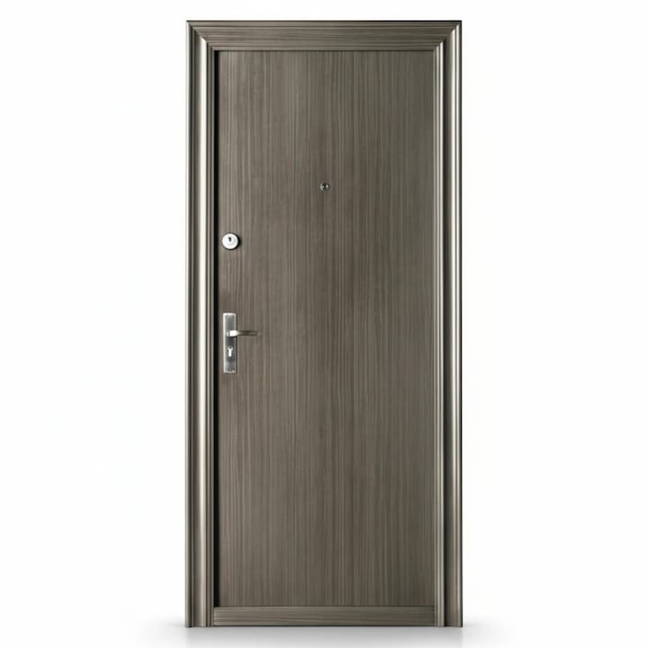 Usa metalica de exterior cu izolatie si vizor Novo Doors ND7003, Deschidere dreapta, 2 yale, Dimensiune 200X86 cm, Tabla 0.7 mm, Kit complet, Toc de 7 centimetri, Pentru casa si apartament, Gri