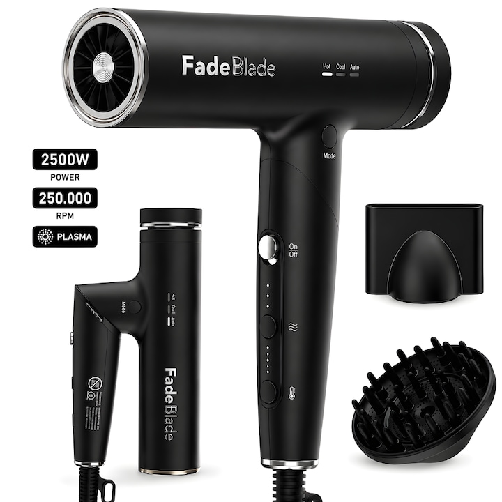 Професионален сешоар с плазма FadeBlade® TitanDry, 2500W, 250.000 об/мин, сгъваем, отрицателни йони, безчетков, 3 степени на температура, студен режим, автоматичен режим, 3 скорости, дифузер и концентратор с магнитно закрепване, 2м кабел, черен