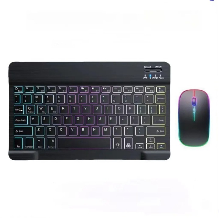 Kit Tastatura Bluetooth si mouse, TLXT®, Reincarcabil, Wireless, RGB Lumina Fundal 7 culori, Bluetooth 5.1 si 2.4GHZ, Slim, Negru
