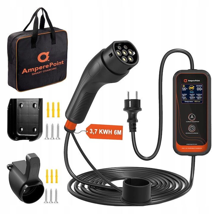 Statie incarcare EVSE, Amperepoint, Model P 16A 3.7kW 230V, Tip 2, Pentru hibride, Negru, 3.7 kW