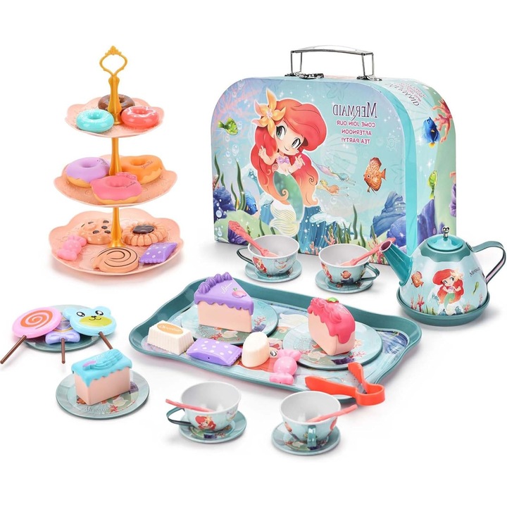 Jucarie set de ceai Simply Joy®, Jucarii educative cu 48 piese, Jucarii pentru Petrecearea cu Ceai pentru Copii de 3, 4, 5, 6 ani, Jucarie printesa cu Ceainic, Cesti, Farfurii, Desert, Bauturi si Geanta de Transport, Model Sirena, Cadou pentru fetite