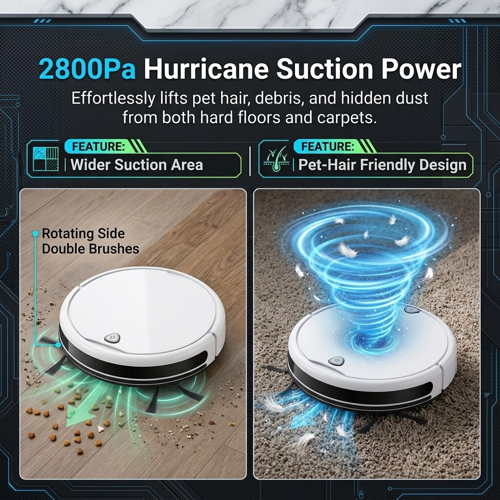 Aspirator robot, PeiTou®, controlabil prin aplicatie si telecomanda, putere de aspirare de 2800Pa, incarcare USB, cu design de evitare a obstacolelor si anti-cadere, potrivit pentru diverse scenarii