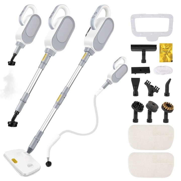 Mop cu Abur Multifunctional, 1500W, 0.5 L, Incalzire Rapida, 7 m Cablu, Pentru Gresie, Parchet, Covoare, Aparat Curatat Aburi Profesional, Accesorii Multiple Incluse, Alb