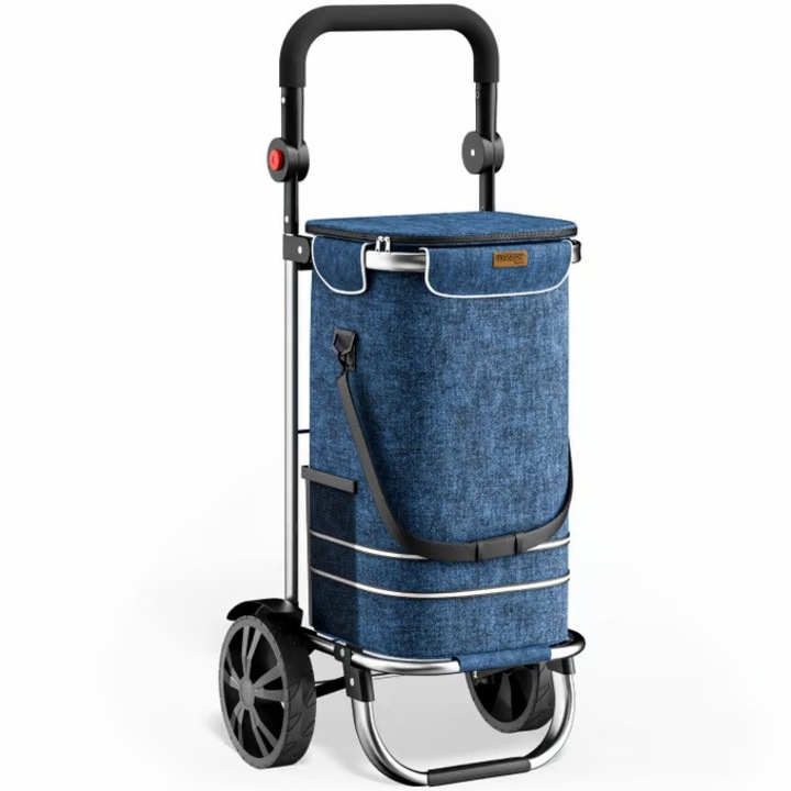 Carucior pentru cumparaturi, Monzana, 56L, 31x24x54cm, pliabil, cadru din aluminiu, compartiment frigorific, multifunctional, Albastru