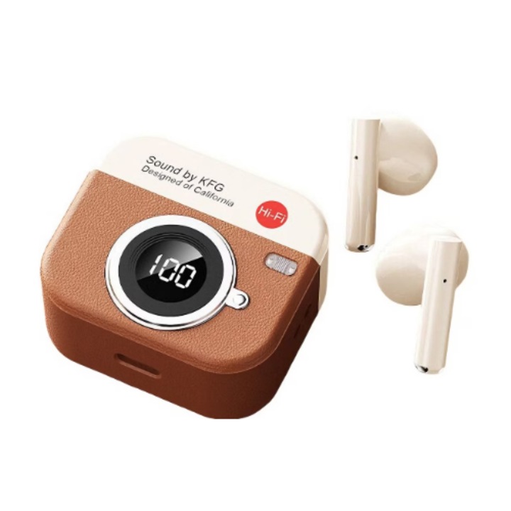 Casti wireless cu izolare a zgomotului, Hi-Fi audio, In-ear Bluetooth, Fara fir, LED Afisaj, Bluetooth 5.4, Durata de viata lunga a bateriei, Microfon Audio HD, Control touch, handsfree, Sport & Gaming, Telefon Universal, Designul camerei Maro