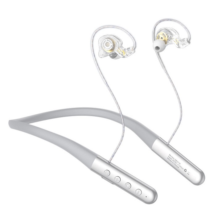 KINSI sport fülhallgató nyakpánttal, Bluetooth 5.4, beépített zajszűrős mikrofon, víz- és izzadságálló, ideális sporttevékenységekhez és üzleti találkozókhoz, ezüst