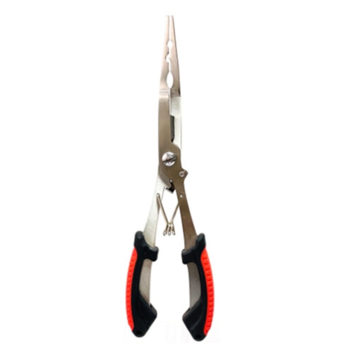 Horgászfogó, multifunkcionális, piros-ezüst, fém, 20cm