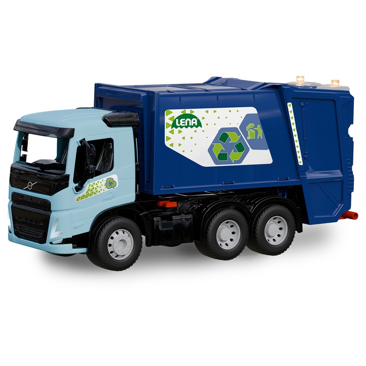 Camion de gunoi Lena Worxx Volvo FMX, la scara 1:15, cu osii metalice 6 mm, cosuri de gunoi detasabile si clapa mobila, albastru, 54 cm, 1 buc.