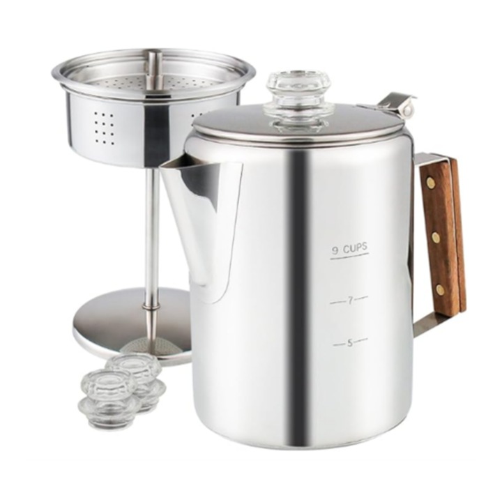 Ibric cafea, 9 cani, otel inoxidabil, capac sticla, maner lemn, argintiu