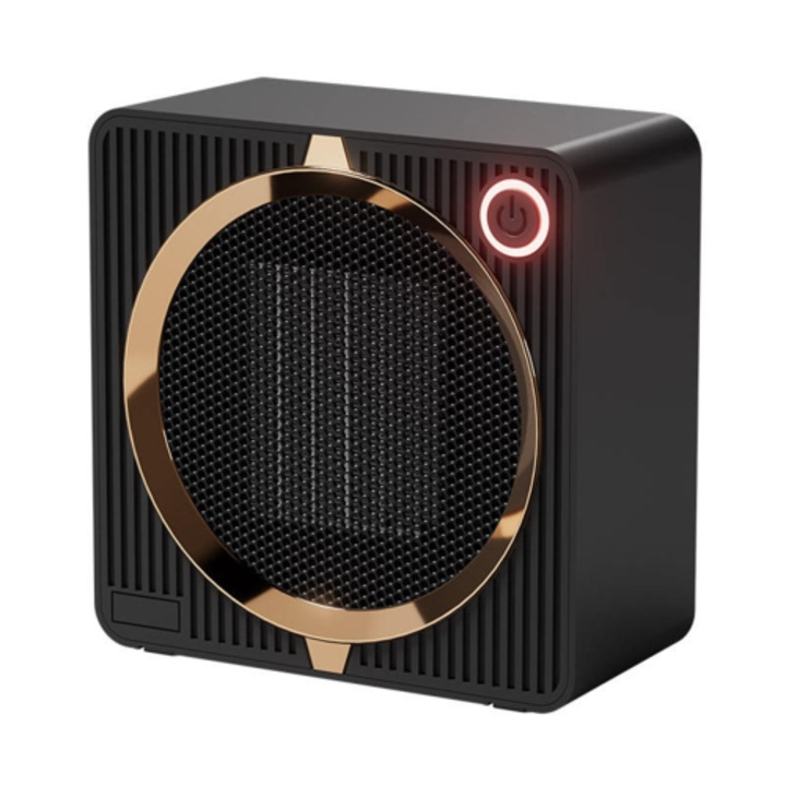 Elektromos fűtőtest 500W PTC, gyors fűtés, energiahatékony, asztali ventilátor, EU csatlakozóval, fekete/arany, 1 db