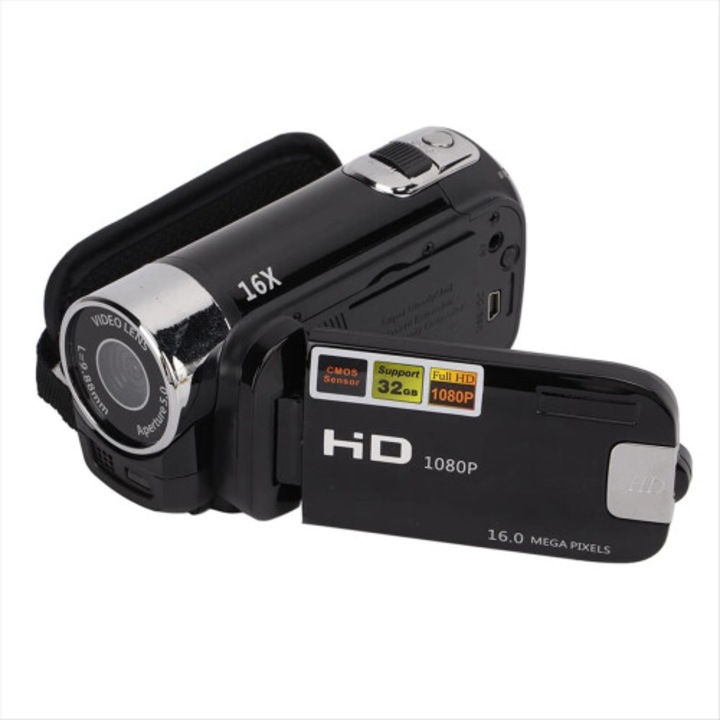 Digitális videokamera 16MP, 1080P, 270°-ban forgatható képernyő, fekete, hordozható, 16X zoom