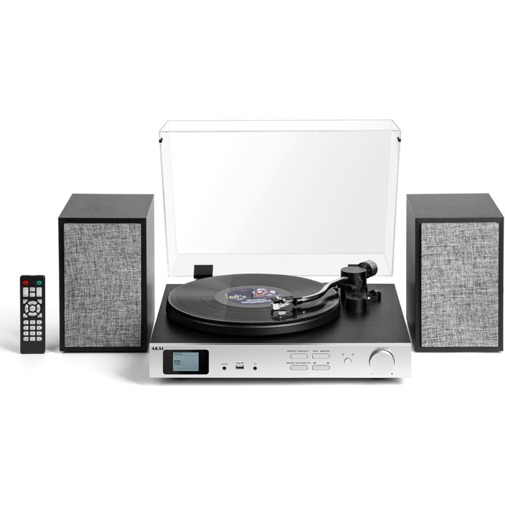 Грамофон AKAI ATT-500SP с външни високоговорители, Включени тонколони, Bluetooth, Функция за запис на компютър (Encoding), 3 скорости 33/45/78 об/мин, Черен/Сребрист