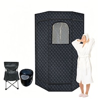 Sauna cu aburi portabila, AFKSMILE, Complet cu cort, generator de aburi si scaun pliant, 1200w, 9 niveluri de temperatura, Pentru detoxifiere, 180x90x53cm, Negru