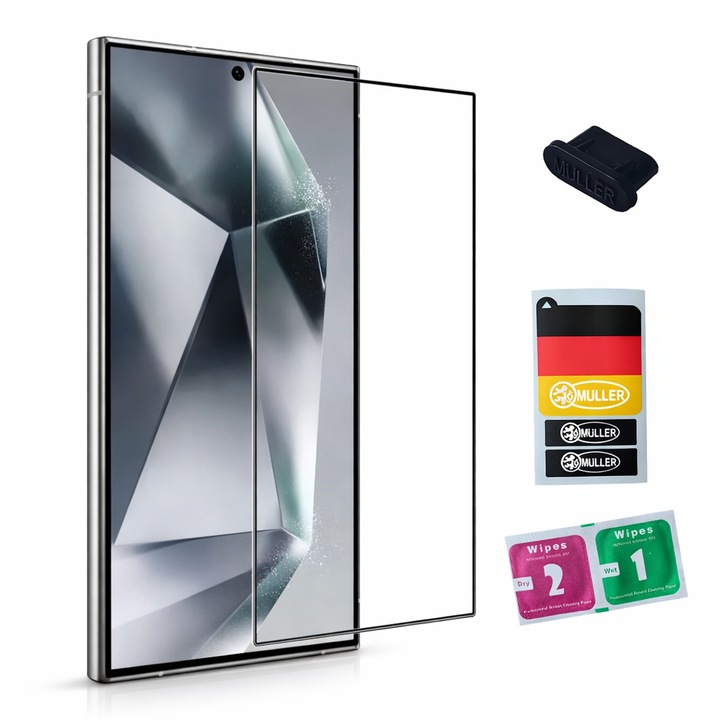 Folie protectie telefon, tempered glass, compatibila cu Samsung Galaxy A57, include set curatare, stickere Muller® si dop anti‑praf Müller® pentru port Type‑C