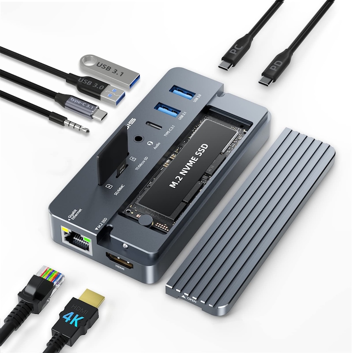 Dokkolóállomás 10 az 1-ben, ACASIS, USB-C dokkolóállomás laptophoz 4K60Hz HDMI-vel és NVMe házzal, HDMI-vel, PD-vel, Ethernettel, SD/TF-fel, USB C/A 10G portokkal, hanggal, működik Mac/Dell/HP/Surface eszközökkel