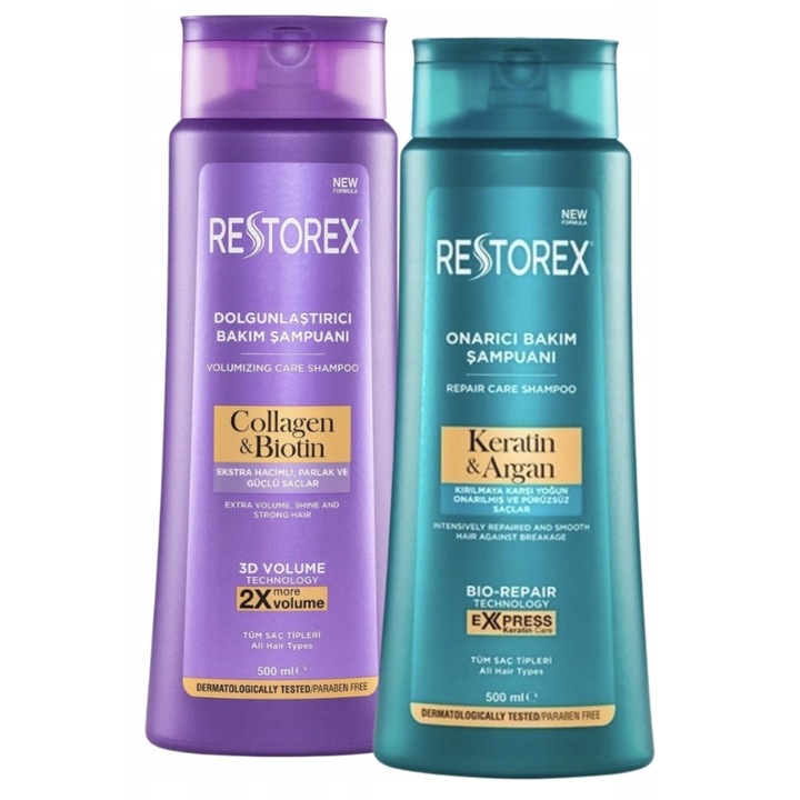 Set Sampon Restorex Keratin & Argan + Collagen & Biotin 2x500ml, volum si reparare, unisex