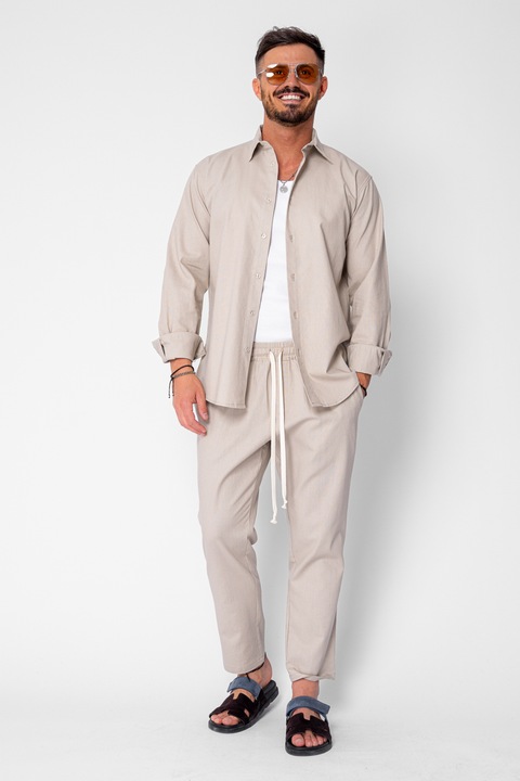 Set Lino Long camasa si pantalon lung din In Premium Edition Beige 21392, Bej