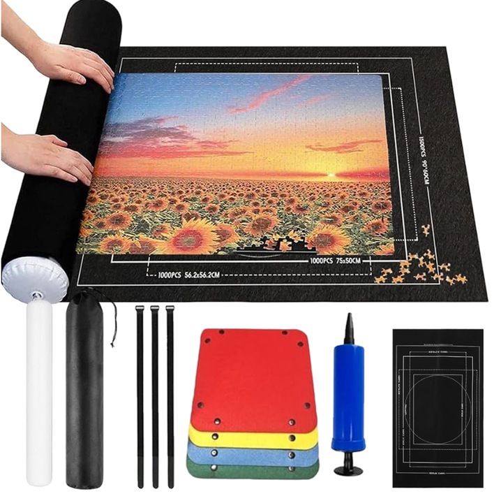 Covoras pentru puzzle cu dimensiunea de 116*66 cm, Bedee, fabricat din fetru, poate contine peste 1500 de piese de puzzle. Include 4 tavi de puzzle din fetru, catarame elastice, furtun de aer, pompa de aer manuala si geanta de depozitare cu snur