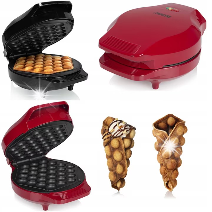 Aparat Vafe Bubble Princess 1000W, Placi Antiaderente Detasabile, Control Automat, Indicatori Alimentare si Pregatire, Rosu