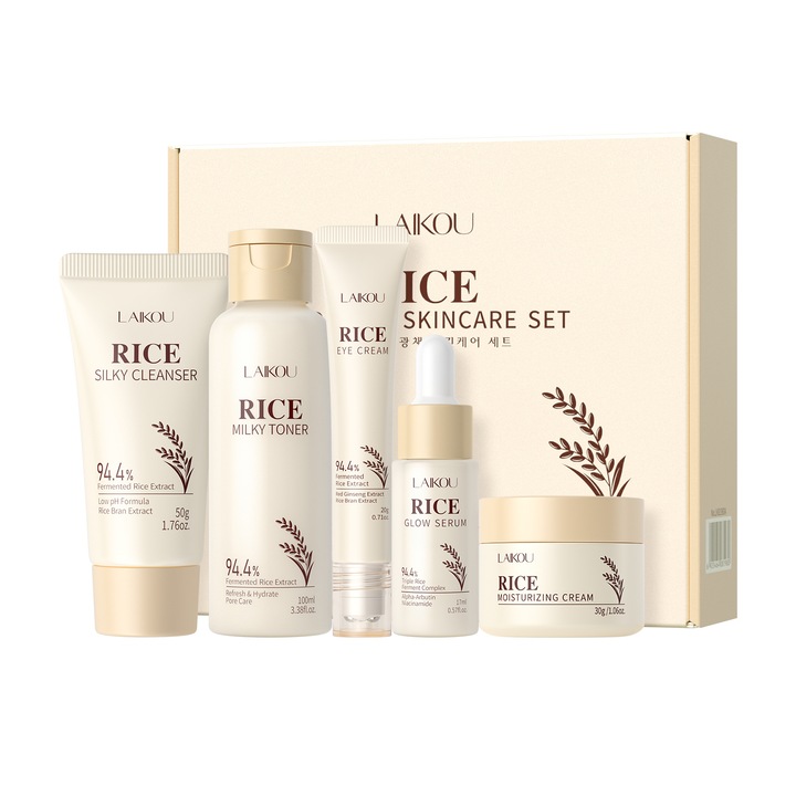 5-Step Korean Skincare Set, Glass Skin Care Gift Set, Rice Skin Care Sets & Kits-Rice Cleanser, Toner, Serum, Cream, Eye Cream, Facial Kit for Glowing Skin, Anti-Oxidant Skincare Kit for Radiant Complexion