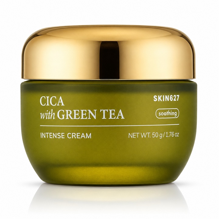 Crema de fata coreeana SKIN627 CICA & Green Tea, 50 g, calmare, hidratare si regenerare pentru ten sensibil, cu Centella Asiatica, acid hialuronic si ceai verde