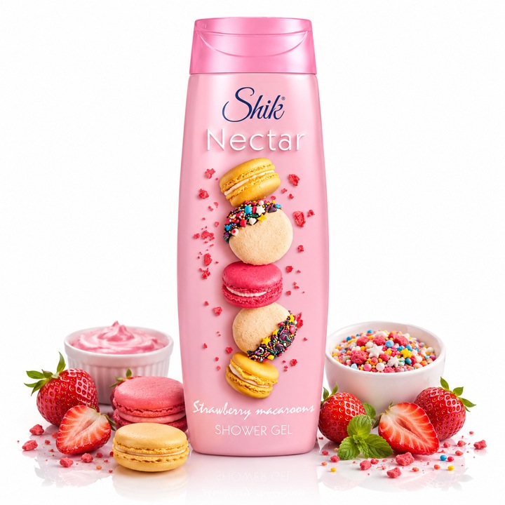 Hidratáló tusfürdő eper és macaron illattal, 400 ml, Shik Nectar®