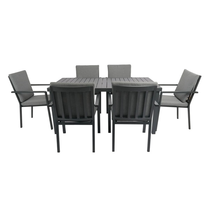 Set terasa / mobilier gradina cu masa fixa, dreptunghiulara, 6 scaune, perne incluse, pentru exterior, Grandio Mob Mallorca, aluminiu + poliester, gri + gri inchis