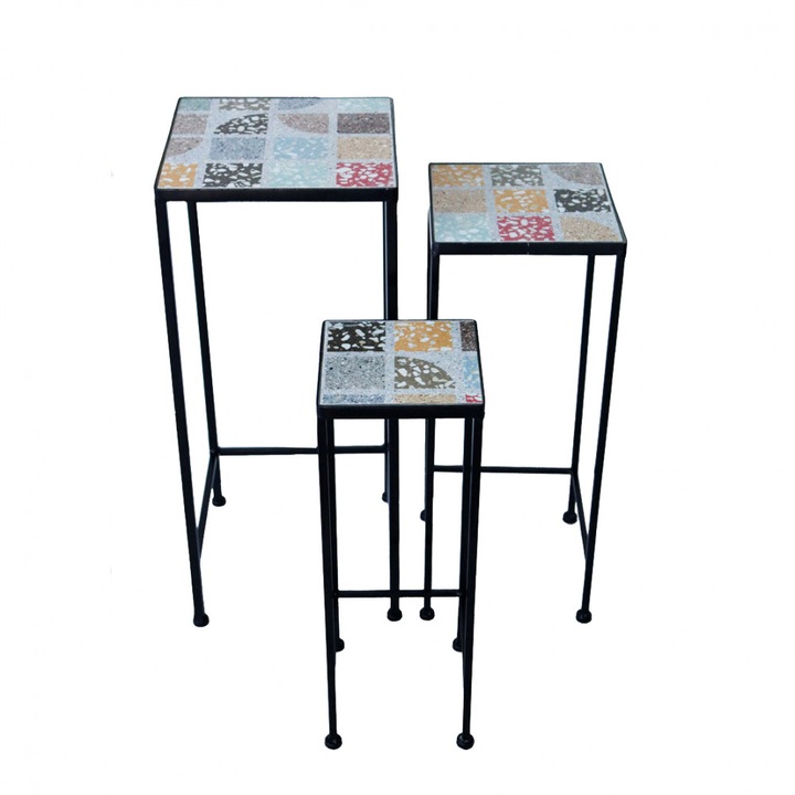 Set 3 Suporturi Ghivece Flori Decorative Nike cu Suport Metalic, Ceramica Multicolora, pentru Interior & Exterior, Design Modern