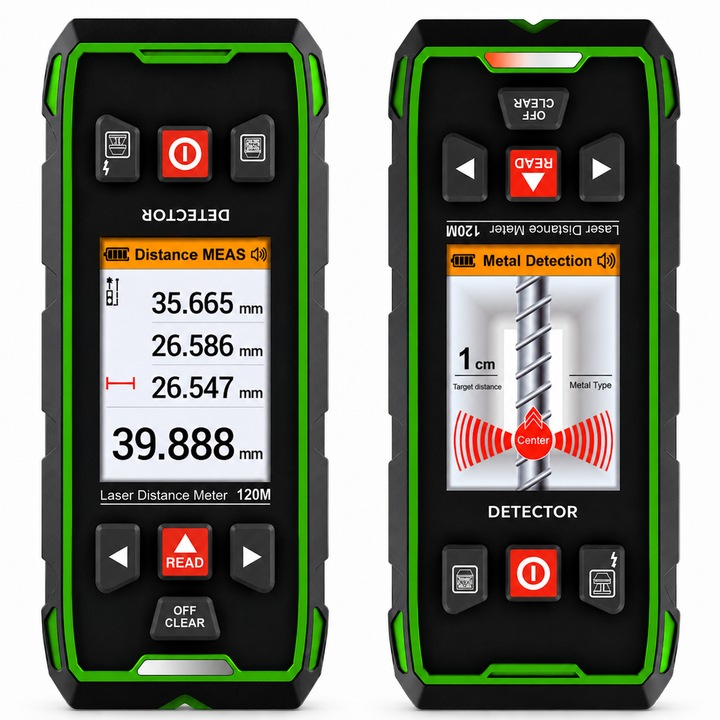 Detector 2 in 1, cabluri, metale, lemn, tevi in pereti, SW-6100GT, telemetru laser 120m, IP54, USB-C