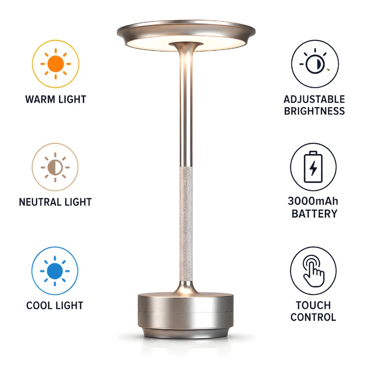 Lampa Led de Masa Huerler® MoonGlow, Din Metal, Fara fir, Cu Acumulator 3000 mAh, Luminozitate Reglabila, Portabila, 3 Tipuri Lumina Calda, Rece Neutra, Touch, Pentru Casa, Restaurant, Birou, Hotel, Argintiu
