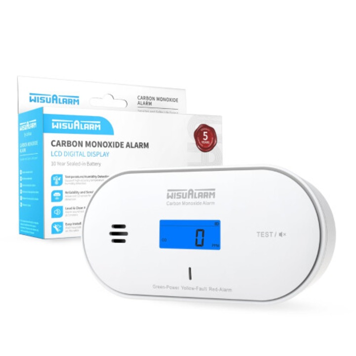 Detector monoxid de carbon cu baterie sigilata 10 ani, afisaj LCD, temperatura si umiditate