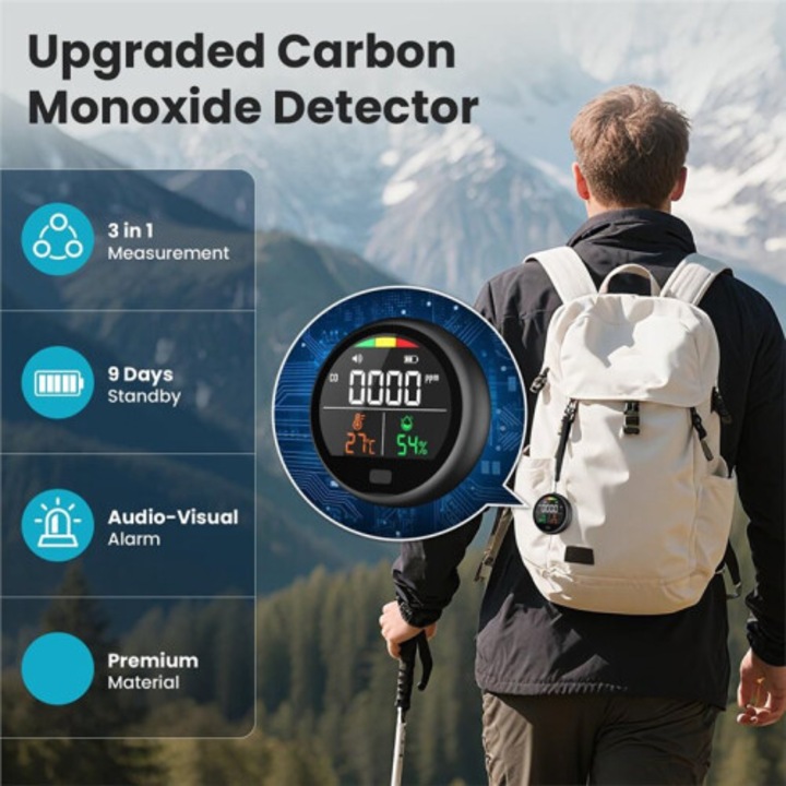Detector portabil monoxid de carbon, analizor calitate aer, alarme vizuale si sonore, alb